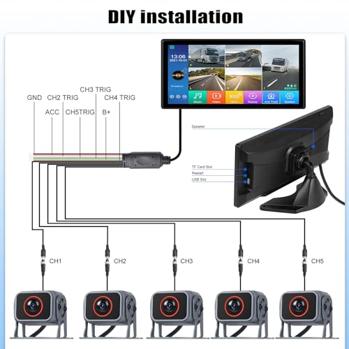 Image of Vehicle Backup Camera for Trucks Pickups Bus Trailers Caravans 10.36-inch IPS HD Screen DVR Recording Reverse Monitor 5 Split Screen Waterproof Night Vision Stable Signal DIY Parking Lines