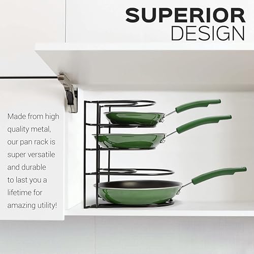 Image of Livzing 5 Tier Pan Rack Organizer for Kitchen | Heavy Duty Metal Pot & Pan Stand | Space Saving Cookware Holder for Tawa, Frying Pan, Kadai | Cabinet & Countertop Storage Rack (Black, 30.5x20x23 cm)