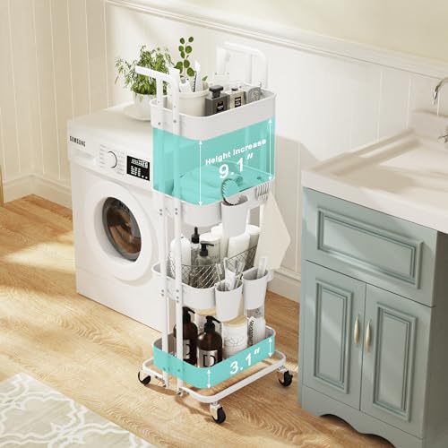 Image of DTK 4 Tier Foldable Rolling Cart, Metal Utility Cart with Lockable Wheels, Folding Storage Trolley for Living Room, Kitchen, Bathroom, Bedroom and Office, White