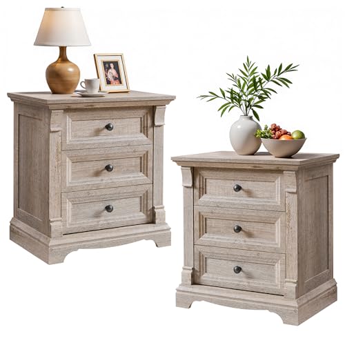 Image of Farmhouse 26 inchH Night Stand Set of 2, 23.6 inchW End Table with Charging Station