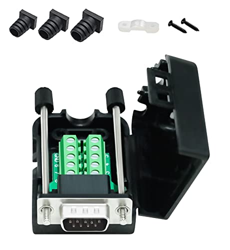 Image of DTech DB9 Breakout Connector, Male RS232 Serial Adapter, Solderless Module Board with Screw Terminals, Case, Long Bolts, Tail Pipes
