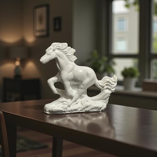 Image of Horse | Vastu, Feng Shui Statue for Good Luck Wealth Health Happiness White Horses with Golden Touch | Home Decor Gift for Home, Office, Resin (L-8, H-7 cm) (White)