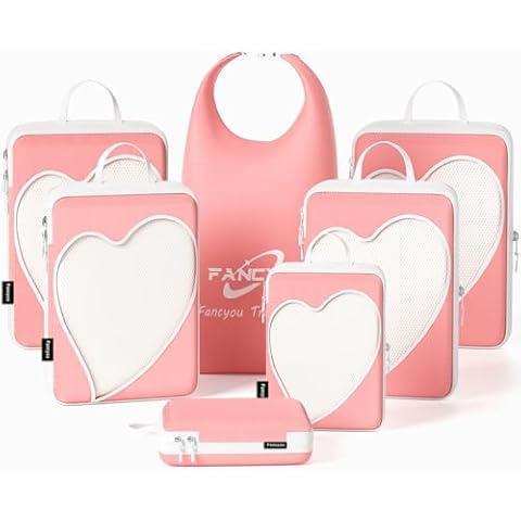 Compression Packing Cubes for Suitcases, Fancyou 7 Set Travel Organizer Cubes for Birthday Gifts for Women, Suitcase Organizer Bags Set for Travel Essentials, Expandable Luggage Organizer Bags(Pink) Cover