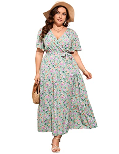 Image of ShopWonder Womens Plus Size V Neck Wrap Maxi Dress High Waist Ruffle Summer Casual Dress with Belt