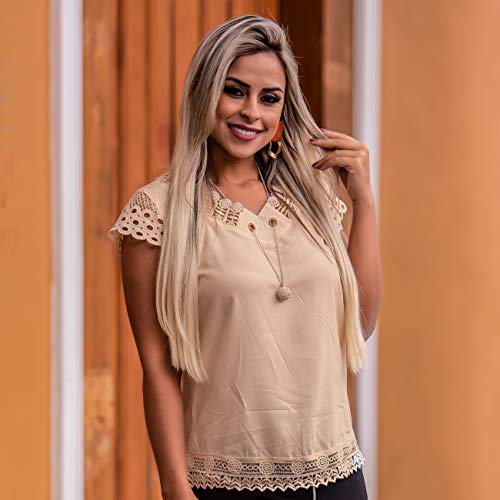 Blusa Feminina Social Detalhe Renda + Colar Moda Evangelica(P/38-40, Creme) - Y2675