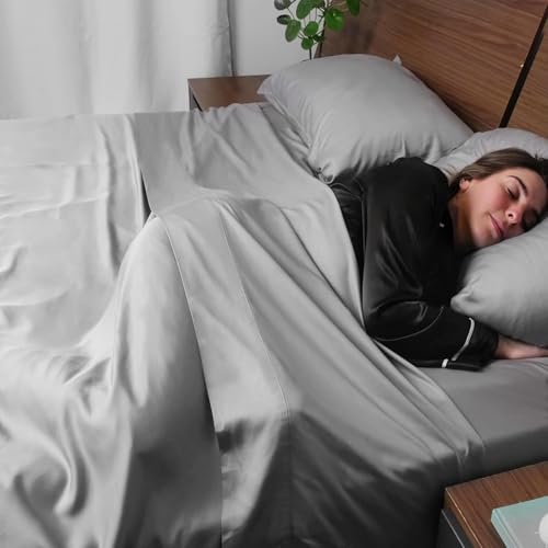 Image of ACCURATEX Cooling Sheets Split King Size Grey - Viscose Made from Bamboo, Luxury Hotel Sheet Set for Adjustable Bed, Super Soft Breathable Bedding Sheets up to 16 inches Deep Pockect