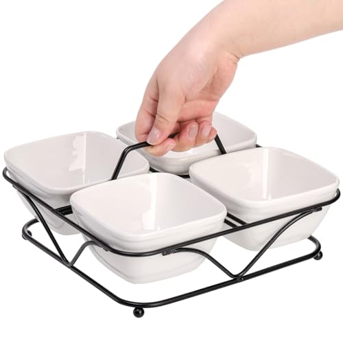 Ceramic-Divided-Serving-Dishes-4-Removable-Snack-Bowls-with-Metal-Stand-9-Inch-Appetizer-Platter-with-Handle-Dip-Bowls-for-Party-Condiment-Serving-Relish-Tray-for-Chips-Dips-Nut-Candy Ceramic Divided Serving Dishes 4 Removable Snack Bowls with Metal Stand 9 Inch Appetizer Platter with Handle Dip Bowls for Party Condiment Serving Relish Tray for Chips Dips Nut Candy