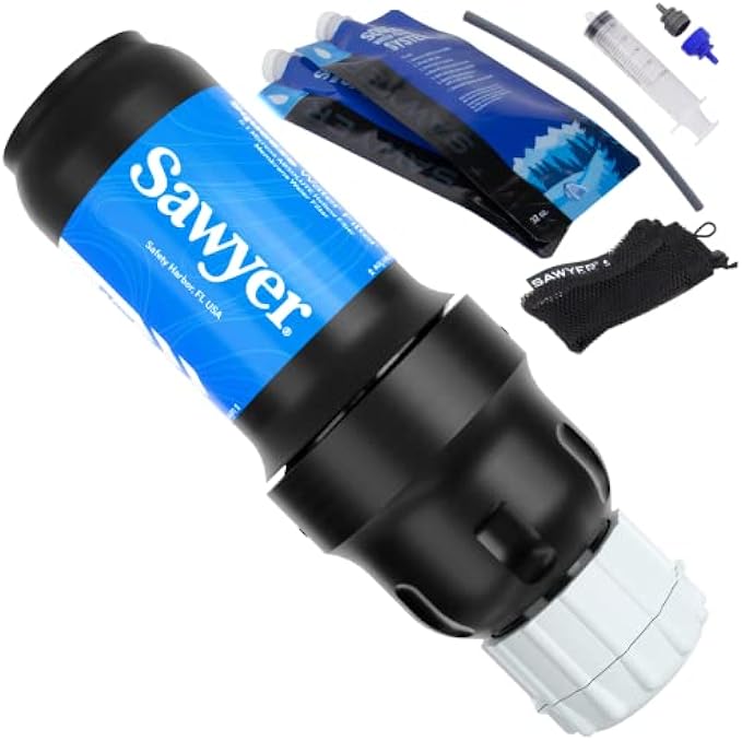Sawyer Products SP129 Squeeze Water Filtration System w/ Two 32-Oz Squeeze Pouches, Straw, and Hydration Pack Adapter
