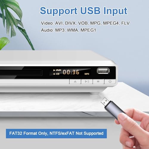 HDMI-DVD-Player, Regionenfreier DVD Spieler für Fernseher, HD 1080P DVD-Player HDMI mit USB-Eingang, Fehlerkorrektur, Compakt DVD-CD-Player unterstützt PAL/NTSC TV System (Weiß) – Bild 7