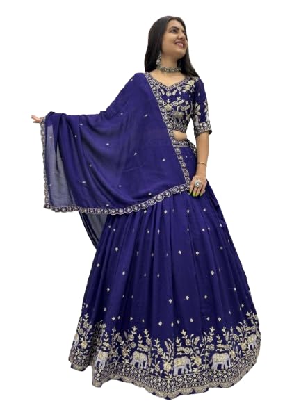 Lehenga Choli, Navy Blue, Embroidered Elephant and Floral Motif, with Dupatta-image-17