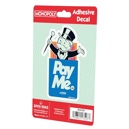 Image of Hasbro Monopoly Pay Me Adhesive Vinyl Decal - Funny Rich Uncle Pennybags Sticker for Water Bottle or Laptop