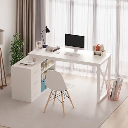 Image of TEKAVO Latwon L Shape Office Computer Table with Storage Cabinet | 3 Drawers | Executive Table for Manager Cabin | Left Side Storage