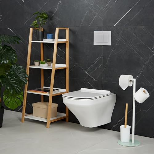Image of Relaxdays WC Set, HxWxD: 64 x 27 x 22 cm, Free-Standing Roll & Brush Holder, Replacement Heads, Stainless Steel, White