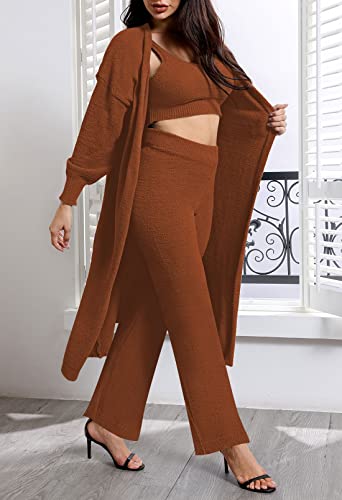 Image of Fixmatti Women's Fuzzy 3 Piece Sweatsuit Open Front Cardigan Crop Tank Tops Wide Legs Pants Lounge Sets