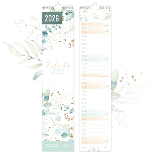 Häfft Streifenkalender 2026 lang & schmal (9 x 42 cm) Monats-Wandkalender für Küche Flur & Co - übersichtliche Termine & Geburtstage Blattgold- nachhaltig & klimafreundlich