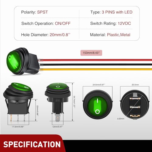 Image of Nilight 5PK 12V 20A Round Green LED Switch Waterproof SPST W /Wires Boat
