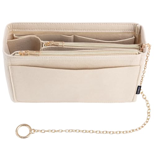 ATSEKTZ Purse Organizer Insert, Handbag Organizer with Zipper, Tote Shaper with Cup Holder & Keychain, Compatible with LV, Neverfull, MK, COACH, Longchamp, Kate Spade– Beige-Sl. Lg