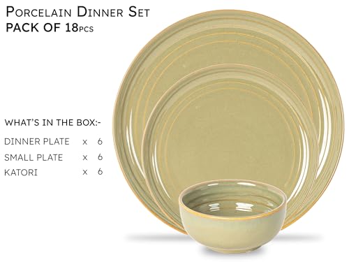 Image of Bodhi House Handcrafted Chip Resistance Porcelain Dinner Set, 18 Pieces Dish Set Serving for 6, Microwave and Dishwasher Safe, Bone-ash Free, Crockery Set for Dining and Gifting, Olive Green