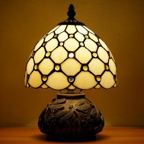 WFAYNTIFL Small Tiffany Lamp Mini Stained Glass Table Lamp Cream Amber Pearl Style Mushroom Memory Sympathy Lamp 8X11 Inch