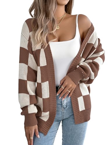 IDEALSANXUN Womens Checkered Cardigan Sweaters Fall Winter Casual Oversized Knit Jacket