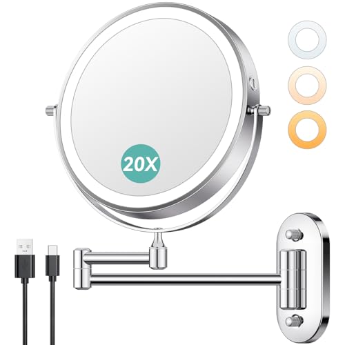 Auxmir 8'' Wall Mounted Lighted Makeup Mirror, 3200mAh Rechargeable Double-Sided 1X/20X Magnifying Mirror with Light, Touch Dimmable 3 Color Light, 360° Rotation Foldable Extended Arm, Chrome