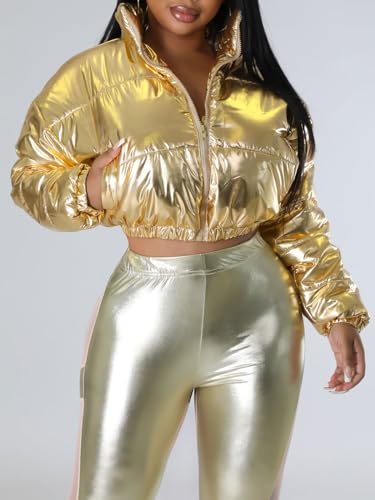 KANSOON Women's Cropped Puffer Jacket Winter Shiny Zip Up Padded Warm Quilted Jackets Short Down Coats4