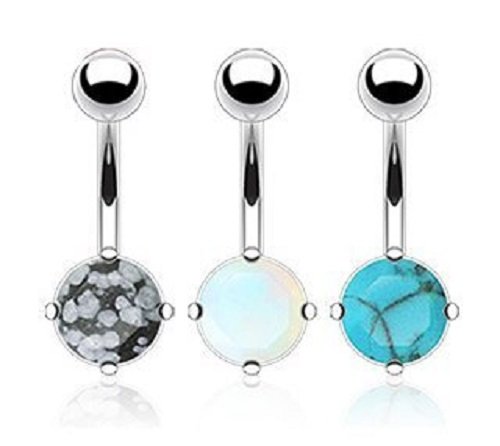 Pierced Owl Set of 3 14GA 316L Surgical Steel Semi Precious Stone Belly Button Rings, Includes Opalite, Snowflake Obsidian & Blue Turquoise