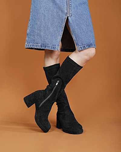 Image of LanreyTaley Elastic Women Knee High Boots Platform Chunky Heel Tall Boots Suede Dress Boots Side Zipper Stretch Boots Fall