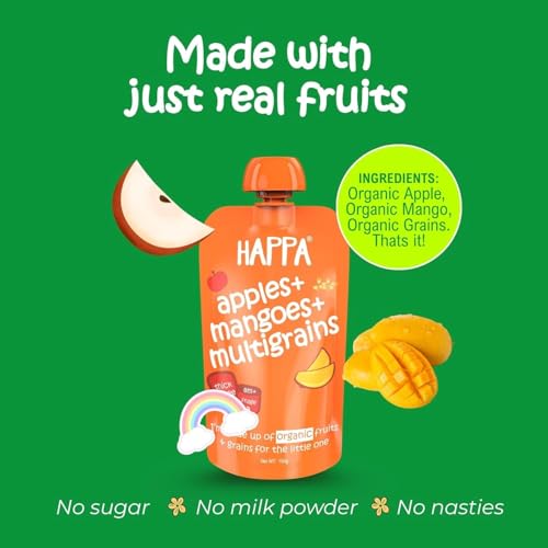 Image of Happa Organic Baby Food Apple Mango and Multigrain Puree | 100% Fruits | No Added Sugar, No Milk Powder, No Preservatives | Stage 3 (8 Months+) | Ready to Eat | Free from Common Allergens | Pack of 9 (100g Each)