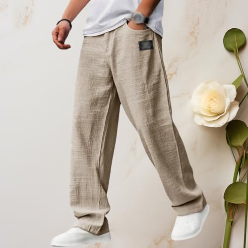 Mokaloha Mens Pants, Cocoparo Men's Fashion Casual Daily Hemp Fabric Elastic Waist Trousers, Men's Linen Pants4