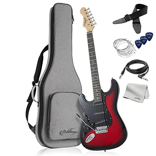 Ashthorpe 39-Inch Left Handed Electric Guitar (Red-Black), Full-Size Guitar Kit with Padded Gig Bag, Tremolo Bar, Strap, Strings, Cable, Cloth, Picks