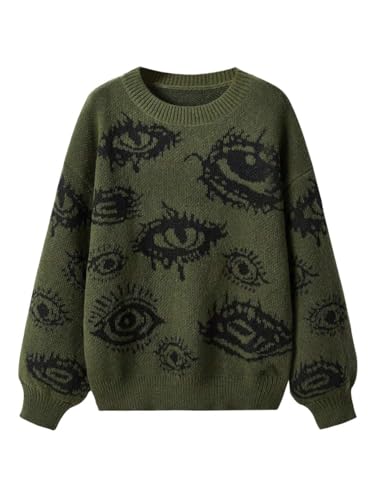 Melliflo Women Oversized Round Neck Sweater Pullover Fashion Goth Sweater for Women Plus Size Eye Pattern Long Sleeve Sweater