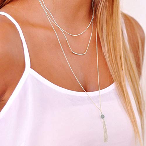 Preisvergleich Produktbild Jovono Boho mehrschichtige Halsketten mit handgefertigten grünen Perlen Anhänger Quaste Kette Schmuck für Frauen und Mädchen (silber)