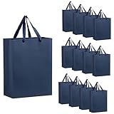 driew Navy Blue Gift Bags, 12 Pack Extra Large Navy Gift Bag Ribbon Handles Heavy Duty Paper 10x5x13.5 Inches Party Gift Bags for Shopping, Pakcing,Retail