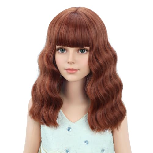 Image of PATTNIUM Dark Orange Wig Kids Child Short Wavy Ginger Wig with Bangs Girls Auburn Wigs Heat Resistant Synthetic Hair Daily Wear Wigs (Dark Orange)