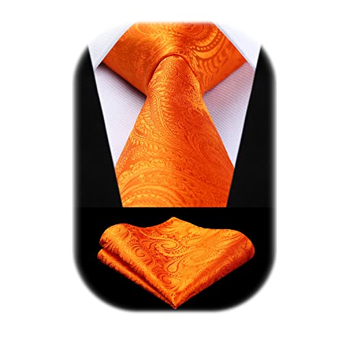 HISDERN Paisley Orange Ties for Men Handkerchief Jacquard Woven Solid Color Necktie & Pocket Square for Wedding