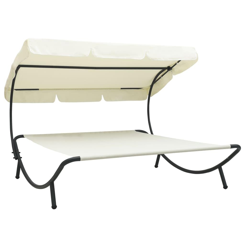 vidaXL Tumbona Doble de Jardín con Toldo Terraza Patio Exterior Playa Aire Libre Balcón Carpas Parasol Chaise Longue Blanco Crema