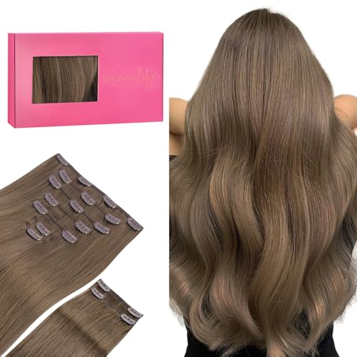 WENNALIFE Clip in Hair Extensions, 150g 18 Inch 9pcs Muted Light Brown Brunette Human Hair Extensions Thicker Clip in Hair Extensions Real Human Hair Clip Set Double Weft
