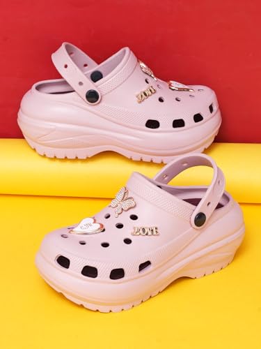 Image of ATHCO Roxxie Clogs For Women's|Girl's| Dual-Color Soft EVA Cushioned With Massage Footbed|Easy Wear with Adjustable Back Strap|Lightweight Platform Heels|Flexible|Breathable|Extra Soft Comfortable Anti-Skid Casual Mule|All-Season|Summer|Monsoon|Rain|Winter|Waterproof|Casual Slip-On Sandal with Cute Charms & Chunky Design|Indoor & Outdoor Wear|Trendy|Fashionable|Stylish|Shoes