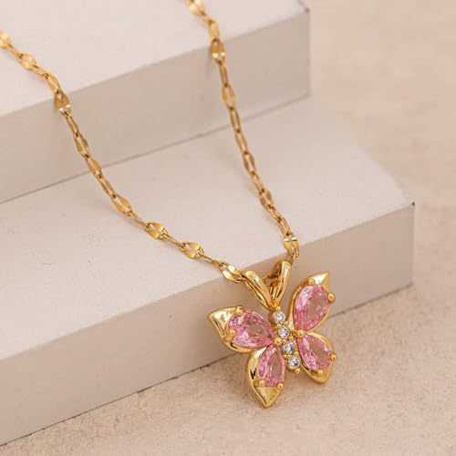 Image of Salve Stainless Steel Coquette Pink Butterfly Pendant Necklace for Women | Fashion Jewellery for Women Adjustable Gold Necklace for Girls | Valentine's Gift for Girlfriend Aesthetic Accessories for Girls Locket