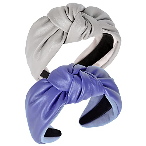 QIANXUAN Wide Hair Bands For Women Black Cloth Headband Tie For Women Leather Headbands For Women With A Tie 2Pcs Pu Artificial Top Knot Glam Girl Fashion