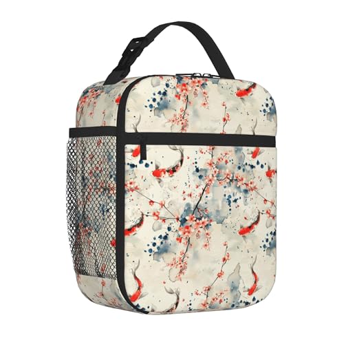 YELITAU Lancheira térmica à prova de vazamento com padrão de flor de koi asiática, 3 bolsos, bolsa térmica portátil para trabalho, escritório, viagem, piquenique, uso diário