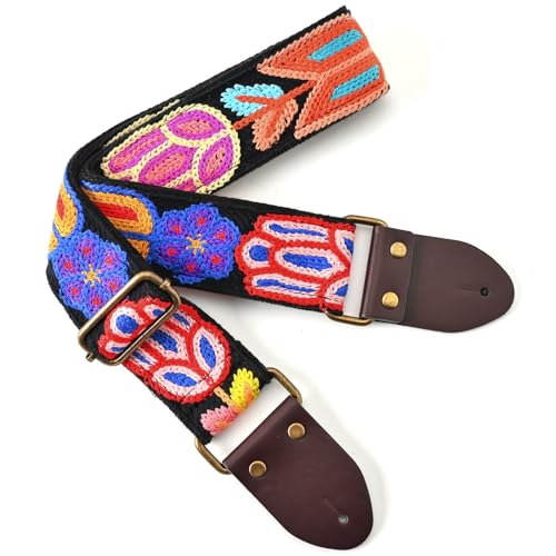 KIMPUDSEN Handmade Crochet Guitar Strap, 2 inch Wide Adjustable Vintage Style Colorful Flower Design, Electric Guitar Strap Acoustic Bass Strap(Tulip Black)