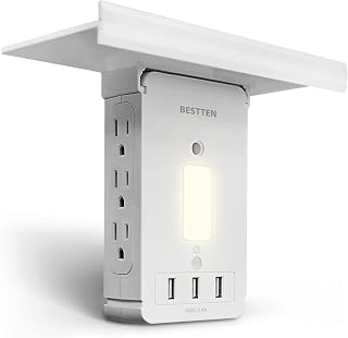 BESTTEN 1020 Joule Surge Protector USB Wall Outlet with Shelf and LED Night Light, 3 USB Charging Ports (5V/3.4A), 6 Side Plug Sockets, Removable Top Shelf