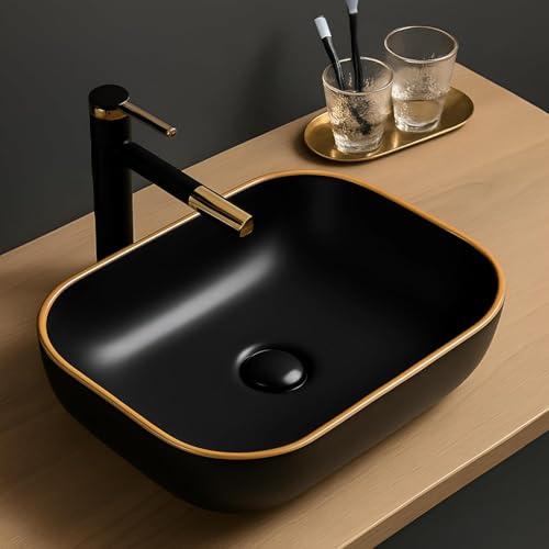 Image of OSOSAM Premium Designer Table Top Ceramic Wash Basin /Vessel Sink with Slim Rim for Bathroom (18 x 13 x 5.5 Inch) (Matte Black)