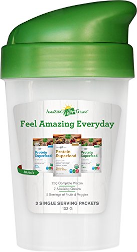 Amazing Grass Protein Superfood: Vegan Protein Powder, All in One Nutrition Shake, Shaker Cup + 3 Single Serve Flavors
