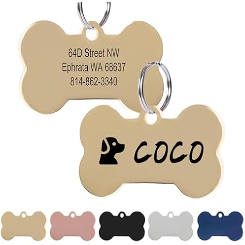 Dog Tags Personalized for Pet,Stainless Steel Pet Dog Name Id Tags,Cat Tags Custom Engraved Dog Tag Engraved On Both Sides Bone Tag with Graphic Design Small Large Dogs Cats(Gold) Cover