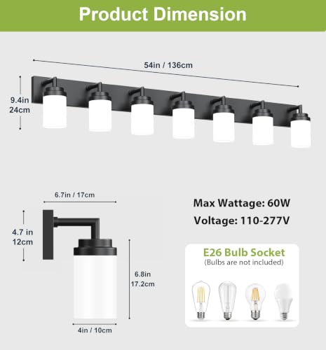 Image of Bathroom Light Fixtures, Matte Black Bathroom Lighting Fixtures Over Mirror, Modern Vanity Light with White Glass Shade, Restroom Lighting Fixtures, 7-Light 54-inch