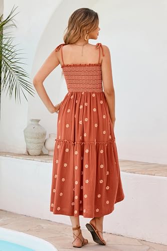 Image of R.Vivimos Womens Summer Cotton Boho Midi Dress 2026 Spaghetti Strap Floral Embroidered Smocked Tiered Flowy Long Dresses
