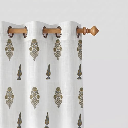 Image of LINENWALAS Decorative Cotton Linen Sheer Curtains 7 Feet for Door -Block Printed Door Curtain | Grommet Hanging Style Pack of 2 Panels |Light Filtering Sheer Drapes (Golden Meadow)